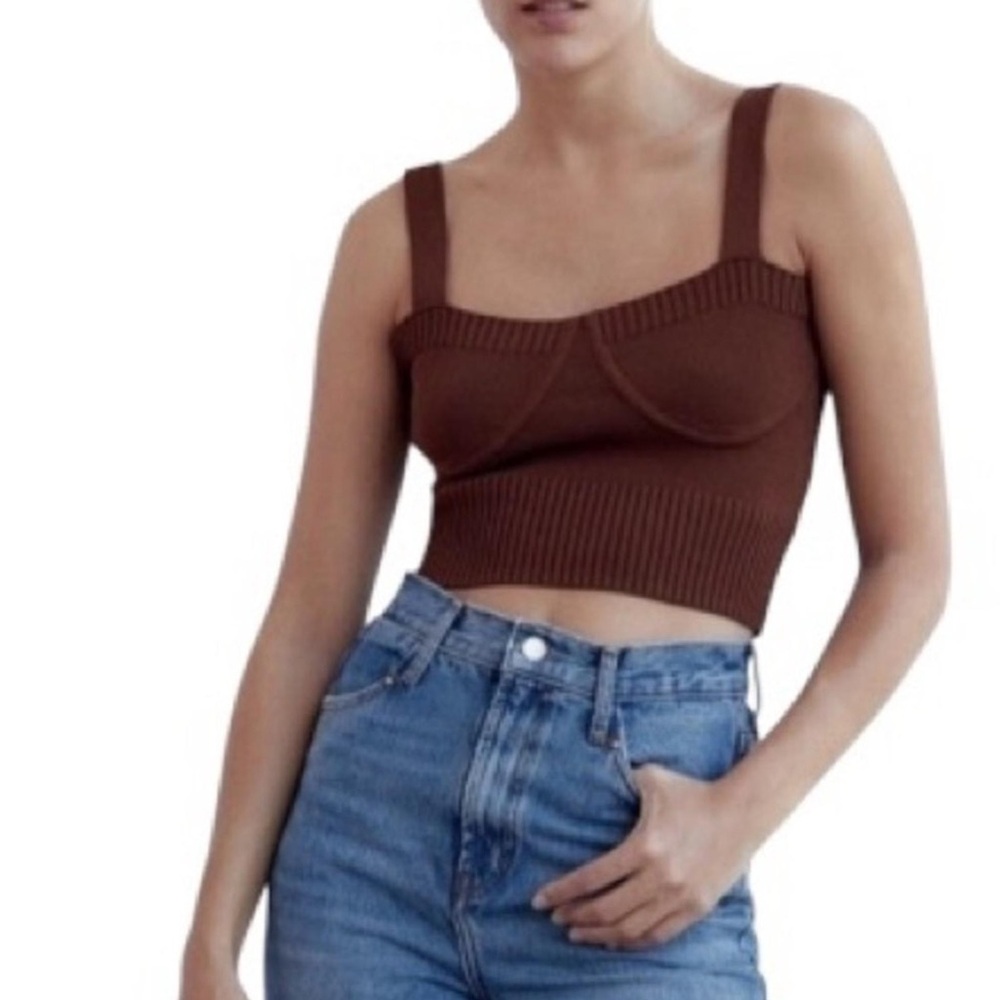Zara Brown Ribbed Crop Top - Picture 2 of 9